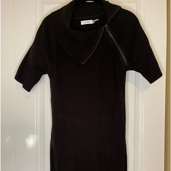 CALVIN KLEIN Black Zipper Cowl Neck Knit Sweater Dress - Picture 2 of 8